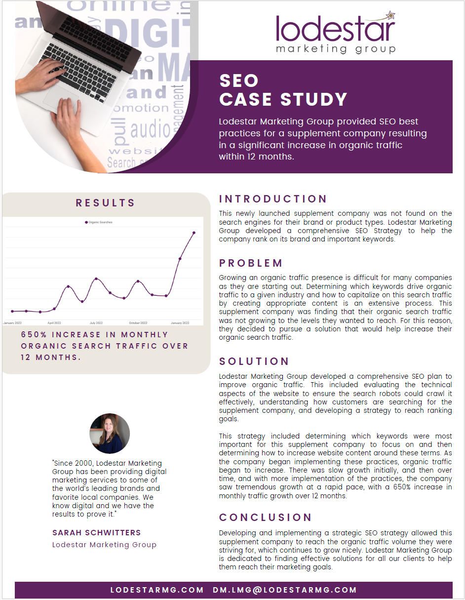 Agency SEO Strategy Helps Supplement Brand Increase Website Traffic by 650% In 12 Months From Lodestar Marketing Group